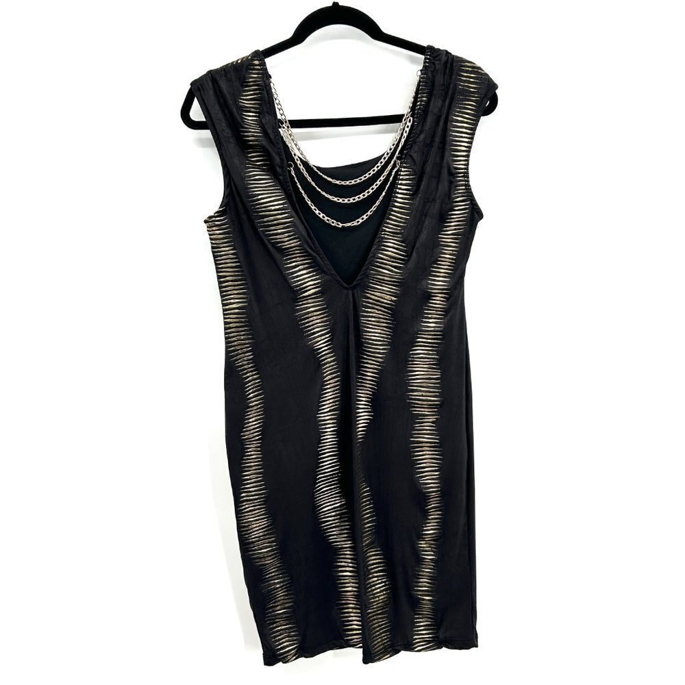 BEBE Black Gold Stretch Tiered Chain Back Mini Cocktail Dress Size Large - Picture 2 of 7